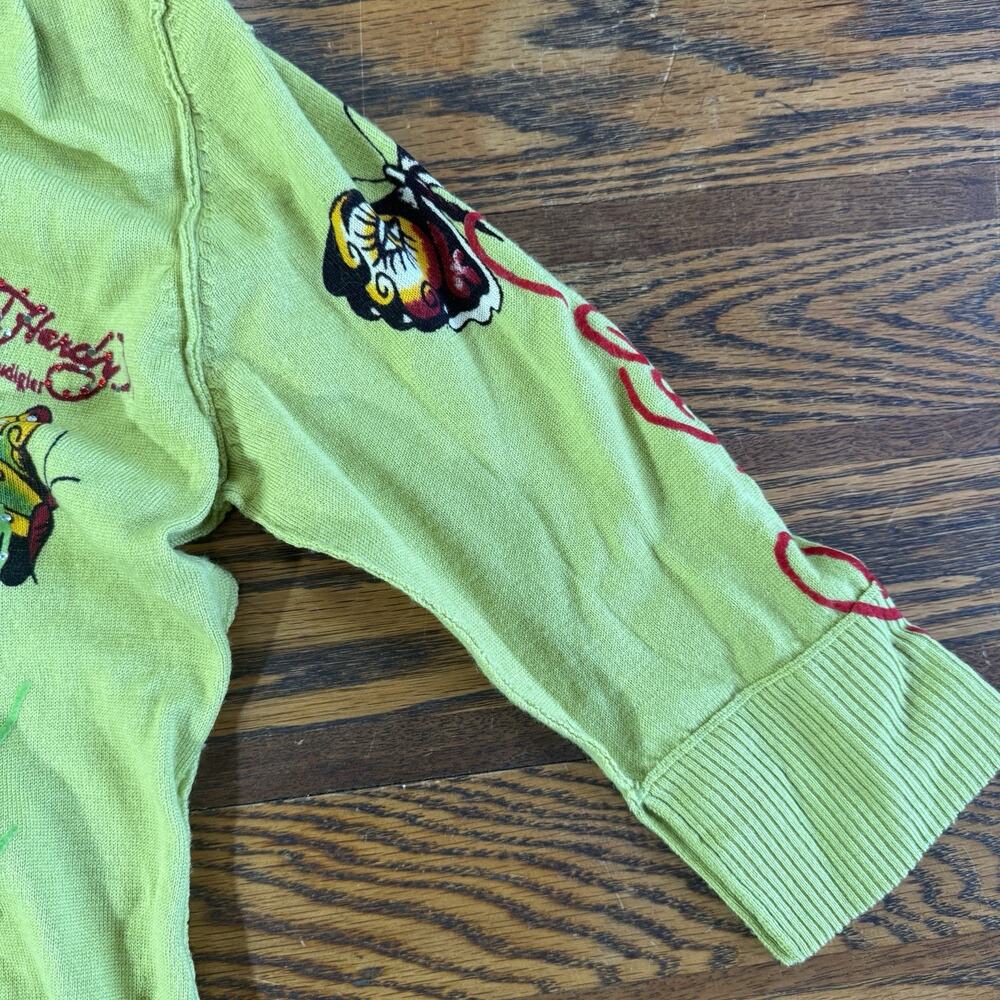 Ed Hardy Green 100% Wool Hooded Cardigan Y2K Vintage Size M Rhinestone Graphics - Picture 4 of 11